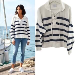 Old Navy Seaside Lace Up Sweater Sz L Navy White Striped  Knit Collared Nautical